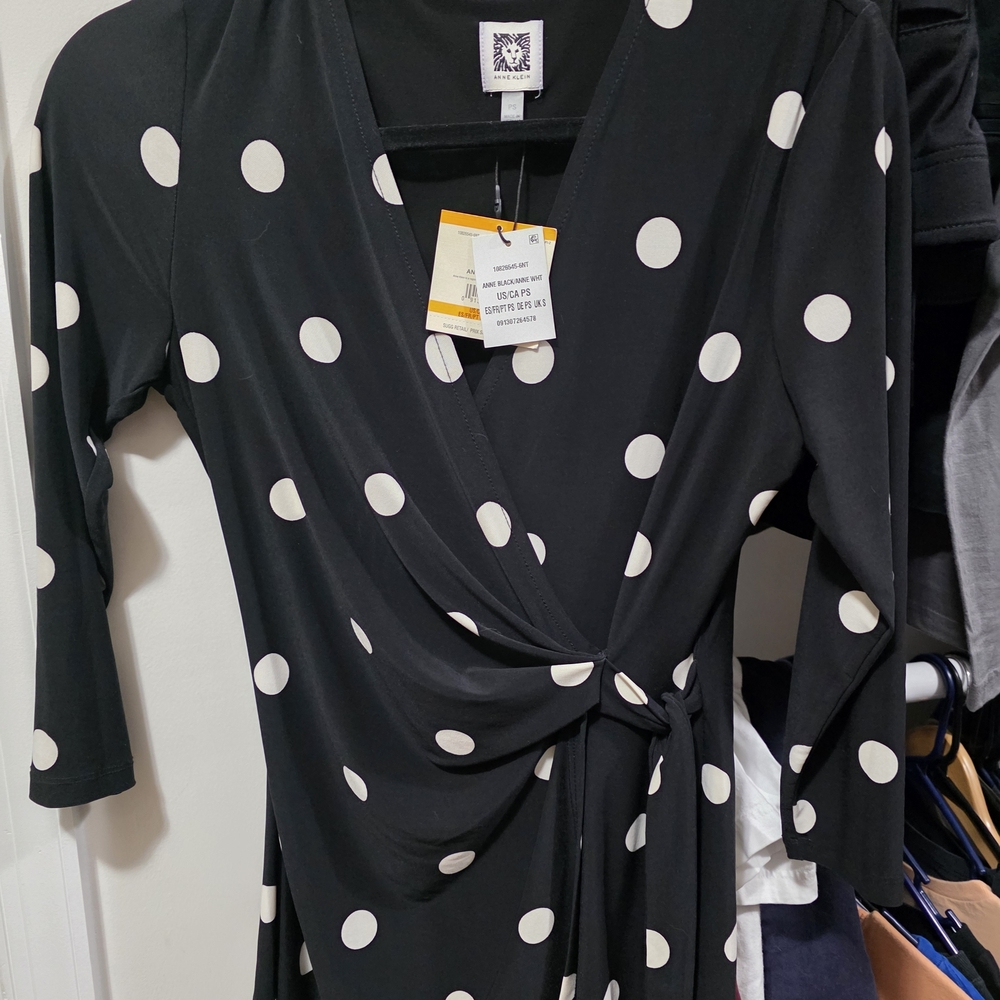 NWT Anne KLein Black and White Polka Dot Wrap Blouse